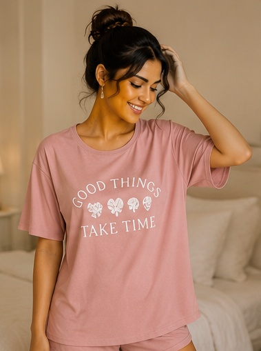 Women’s Pink “Good Things Take Time” Printed Short Sleeve Sleep T-Shirt